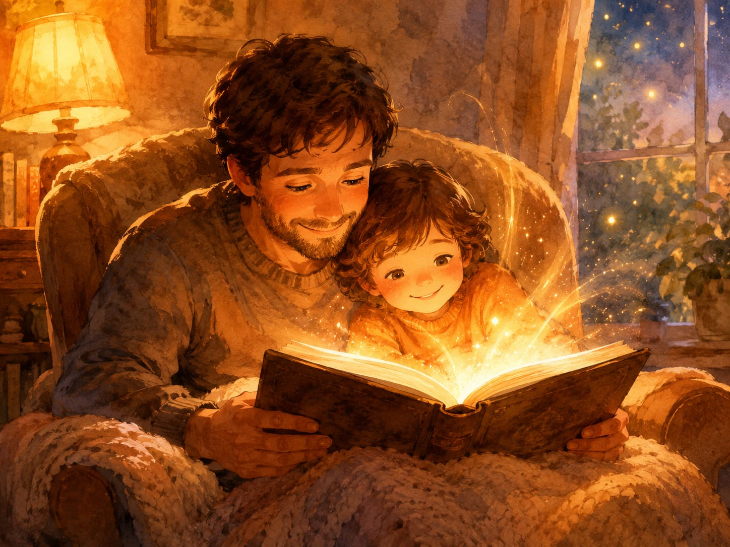 Uma criança e um adulto lendo juntos um livro que brilha com uma luz mágica
